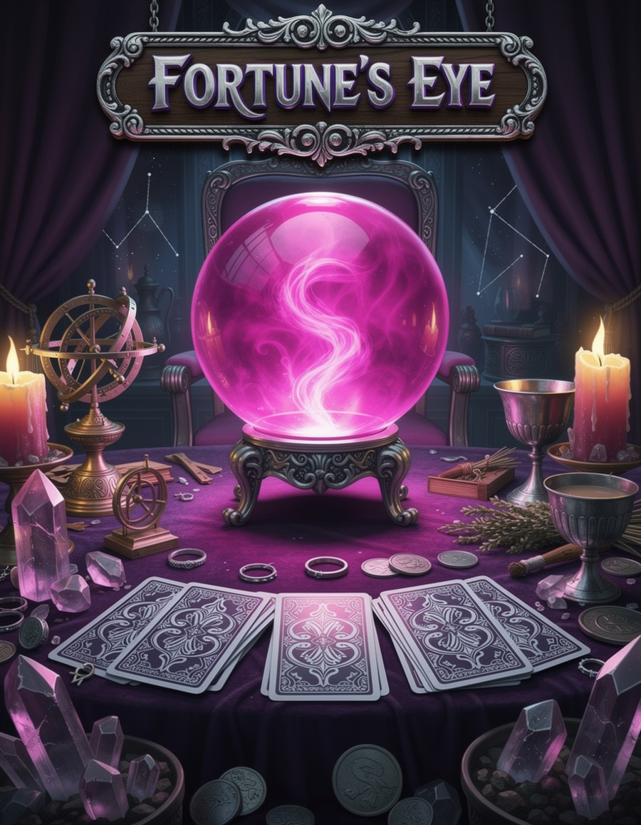 Fortune's Eye: a reading table lit only by a magenta crystal ball, with three fans of face-down cards laid before it.