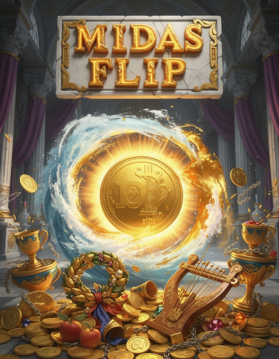 Midas Spin: a marble hall mid-curse, a struck gold coin blazing at the centre of a vortex, treasure heaped beneath it.
